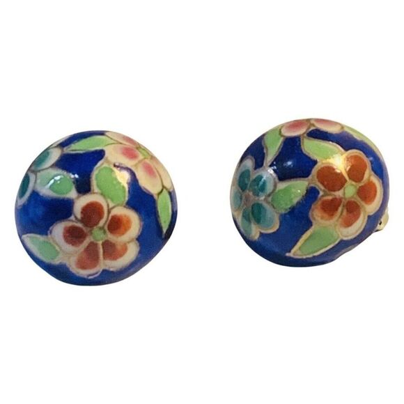 Womens Blue Cloisonné Enamel Flower Porcelain Button Vintage Clip On Earrings 1” - Picture 5 of 9